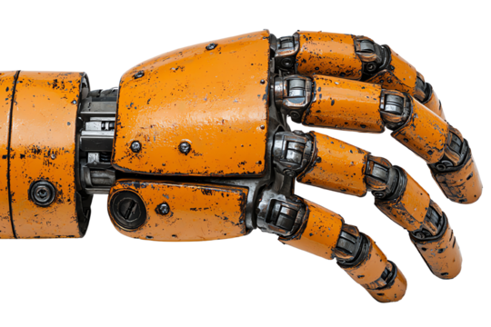 Close-up of a robotic hand with orange metallic finish, showcasing intricate mechanical design and functionality.