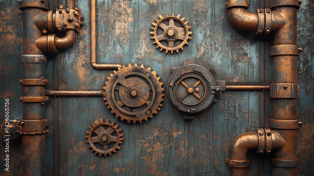 Poster intricate arrangement of gears and pipes creates a captivating steampunk-inspired metallic backgroun