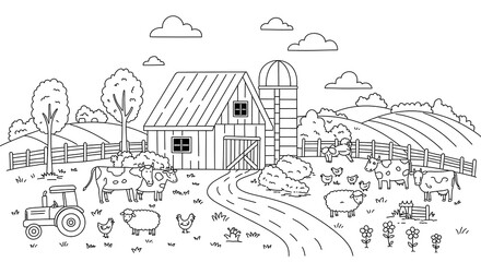 Farm Scene Line Art with Barn, Animals, and Tractor in Black and White