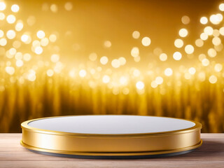 Gold Pedestal on Wooden Surface with Bokeh Background