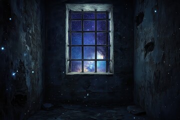 Mysterious Abandoned Room with Starry Night Sky Through Window