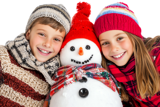 Two joyful children in winter hats embrace a cheerful snowman, creating a delightful holiday scene.