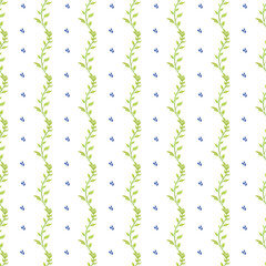 Seamless Pattern of Green Vines with Blue Floral Elements on White Background © salma