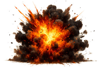 Massive explosion with fiery colors and debris isolated on a transparent background