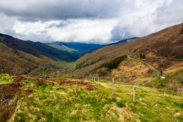 Panorama of the Bethmale valley in spring from the Col de la Core, in the Couserans region of Ari&egrave;ge