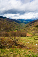 Fototapeta premium Panorama of the Bethmale valley in spring from the Col de la Core, in the Couserans region of Ariège