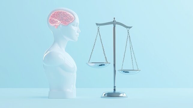 Futuristic AI Ethics Framework, a cybernetic scale balancing algorithmic decisions with emotional intelligence, set against a sleek, modern backdrop of innovation and technology.