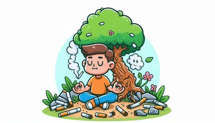 Obraz premium Meditative boy surrounded by cigarette waste nature scene digital artwork calm environment