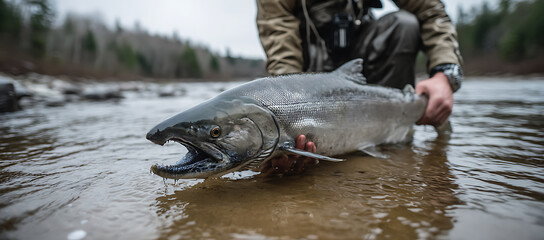 Fototapeta premium Fisherman Holding a Large Salmon Caught in a River