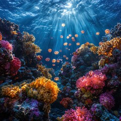 Fototapeta premium Underwater Eden: Sunlit Jellyfish Dance Amidst Vibrant Coral Reefs