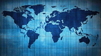 Global market trends on world map, blue wood background, financial concept