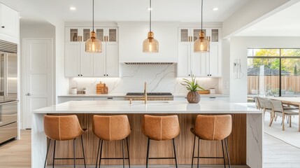 Fototapeta premium Modern Kitchen Design with Island and Tan Leather Stools