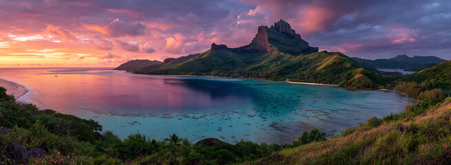 Tropical Island Sunset with Clear Turquoise Waters and Lush Mountains