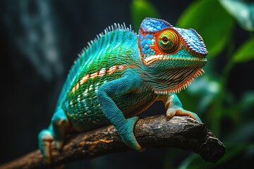 Obraz premium A colorful chameleon perched on a branch, its scales shifting from green to blue.