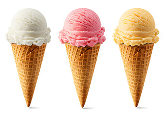 Delicious ice cream cones with strawberry, vanilla and lemon flavors isolated on white background.