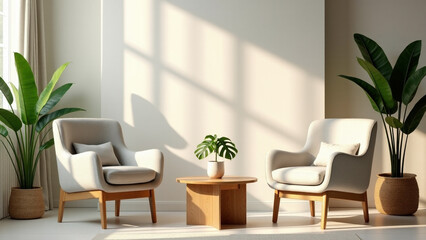 cozy living room with wooden furniture and greenery bathed in natural light

