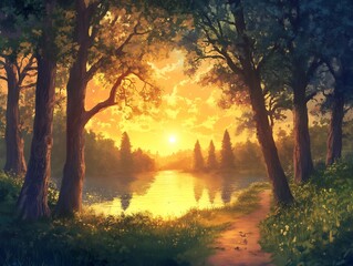 Serene Sunset Landscape Tranquil Lake Path Through Majestic Trees