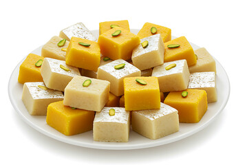 Delicious Indian sweets, barfi, on a plate isolated on white background.