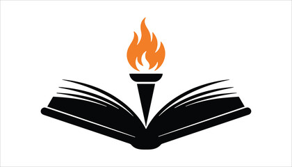 Open Book with Torch Flame, Education and Knowledge Symbol