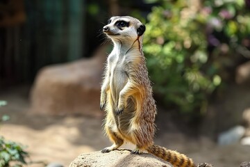Fototapeta premium A curious meerkat standing on its hind legs, looking out for any sign of danger.