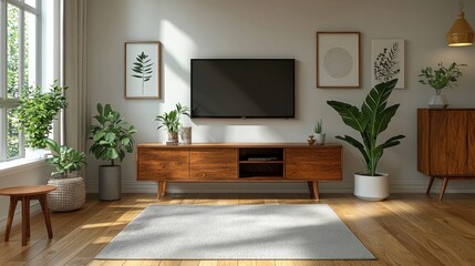 Modern living room interior with smart TV and minimal design elements