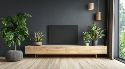 Modern Living Room Interior with TV Cabinet and Green Plants Display