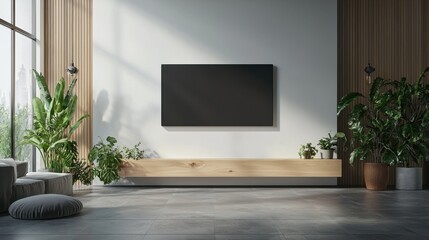 Modern living room interior with wall-mounted TV and elegant decor elements showcasing a minimalist aesthetic and serene atmosphere