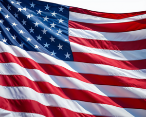 A majestic American flag billowing in the wind, a powerful symbol of freedom and patriotism, showcasing vibrant red and white stripes and a field of blue stars under bright sunlight.