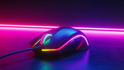Gaming mouse illuminated by vibrant neon lights