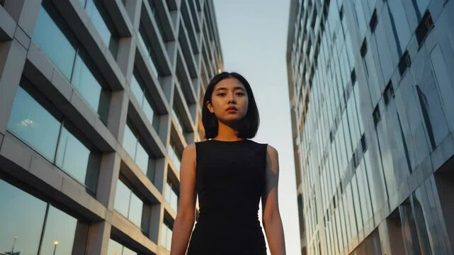 Confident young woman stands between tall office buildings with glass windows, dressed in stylish black dress in urban environment