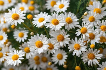 Fototapeta premium Blooming Daisies Macro of White Petals and Vibrant Yellow Centers with Greenery