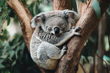 Fototapeta premium A cute koala perched lazily in a tree, holding onto a branch with ease