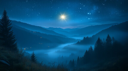 A radiant star shines brightly in the starry night sky, symbolizing the as mist rises over the mountainous forest below.