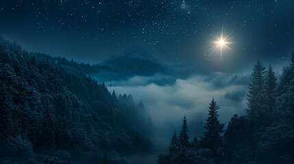 A radiant star shines brightly in the starry night sky, symbolizing the as mist rises over the mountainous forest below.