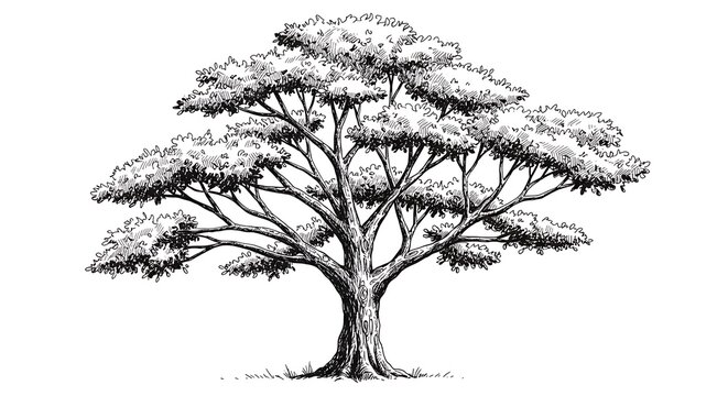 Drawing of Deciduous Tree with Detailed Branches and Foliage