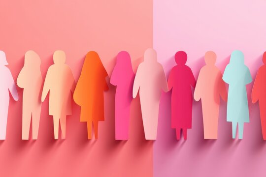 Women's Equality concept with layered papercut silhouettes of diverse women standing together, each figure in a different shade, with soft shadows creating depth and unity with copy space. Soft pastel