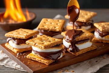 S’mores melting with gooey chocolate and marshmallow dripping in slow motion with copy space. Warm campfire lighting. Rustic wood background. 