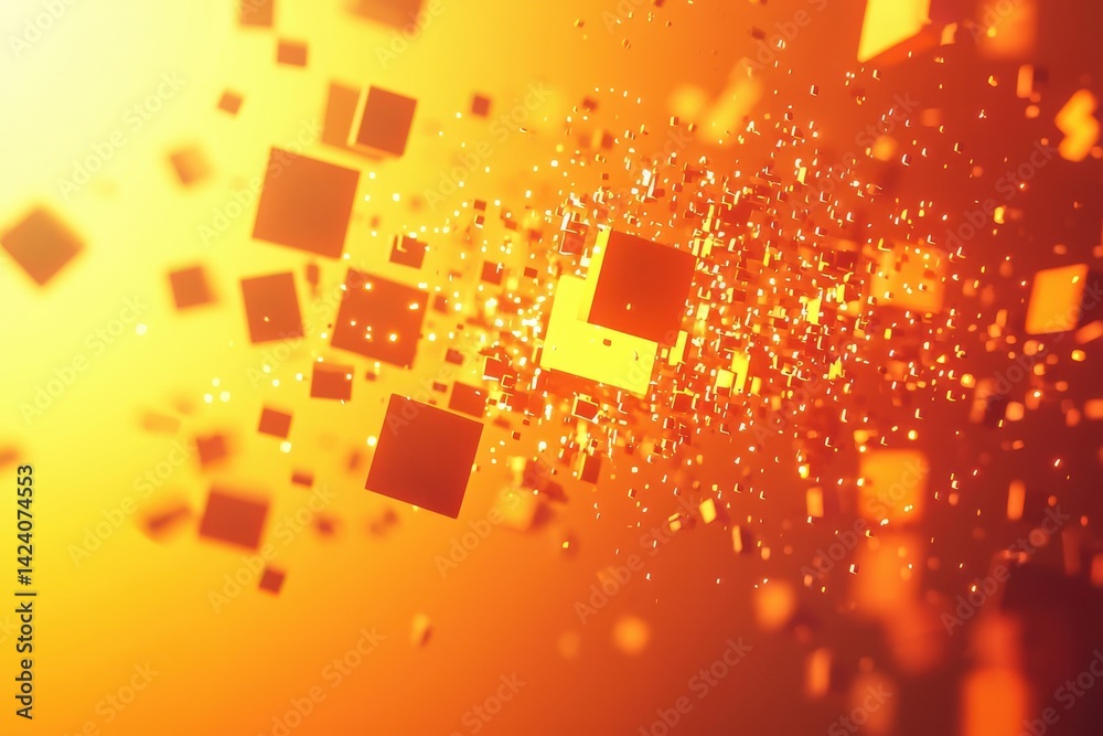 Wall mural abstract orange background with floating geometric shapes and particles