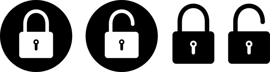 Lock icon collection. Locked and unlocked black vector icon set. Flat security symbol. Vector illustration.