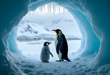 Emperor Penguins Framed by Ice Cave..