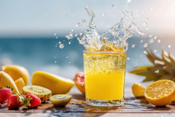 Fototapeta premium Pineapple juice splashing out of a glass with droplets suspended mid-air, with tropical fruits around it and copy space. Bright sunlight. Refreshing beach background.