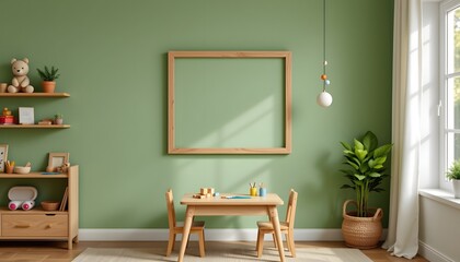 In a playful kids' room, a rectangular wooden frame mockup is positioned on a wall painted a soft, calming green