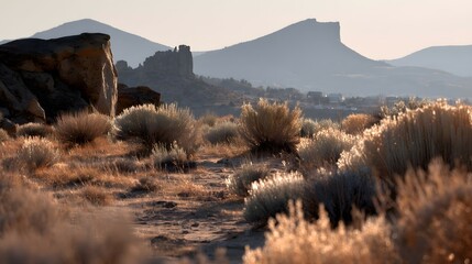 Mountain Scenery with Golden Sagebrush, Rock Formations, and Distant Peaks at Sunrise