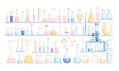 Vector Illustration of Chemistry Lab Equipment Including Flasks, Beakers, and Test Tubes on transparent background