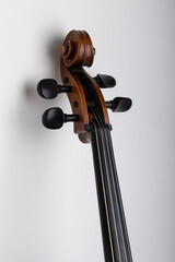 High-detail close-up of a classical cello’s fingerboard and tuning pegs captured on a white background. This image focuses on the upper section of the instrument, highlighting the craftsmanship of the