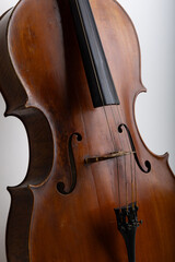 Detailed studio close-up of a classical cello showing the body and strings, photographed on a clean white background. The image highlights the fine wood grain, curved shape, and craftsmanship of the i