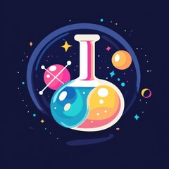 Cartoon-style chemistry flask with split blue and yellow liquids in space.