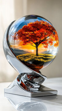 A glowing photic ball on a sleek metal stand containing a miniature tree