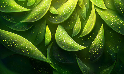 Fototapeta premium Lush green leaves with sparkling droplets creating a vibrant, natural background scene