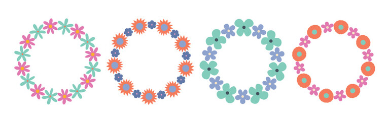 Set of groovy floral circle frames in a simple, minimalist style. Botanical wreaths with bright retro flowers. Vector illustrations perfect for wedding invitations, cards, logos, and decorative design